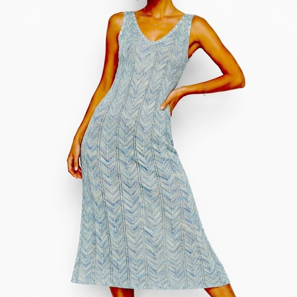 Blue Chevron Knit Maxi Dress Womens XL Pointelle Sleeveless Summer Festival